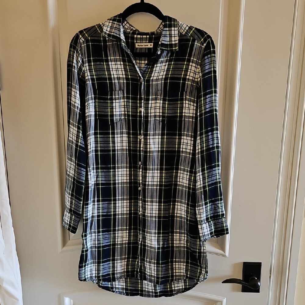 Blue and White Plaid Button-Up Dress